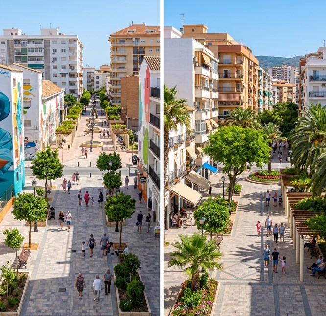 Vistas de las plazas peatonales, calles comerciales y edificios residenciales del barrio de El Boquetillo en Fuengirola, Málaga